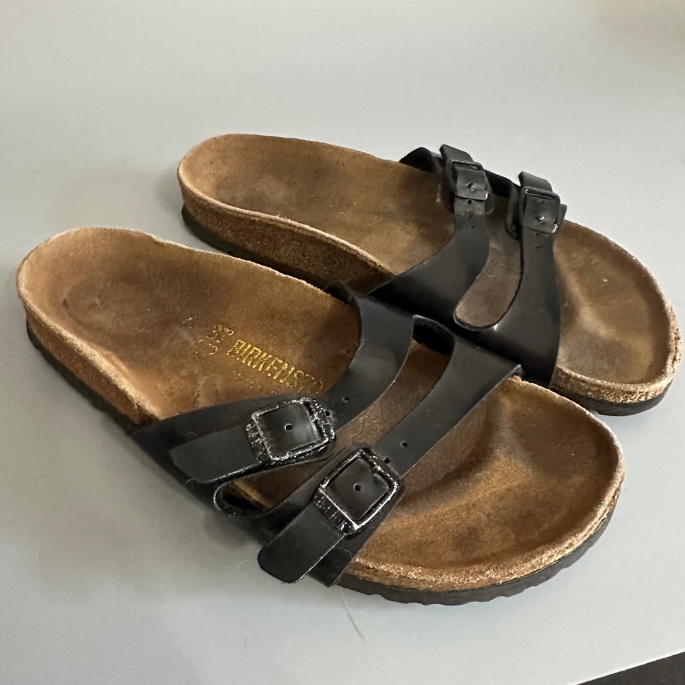 Birkenstock Sydney Black Patent Leather Two Strap Sandals‎ Womens 37 L6 M4